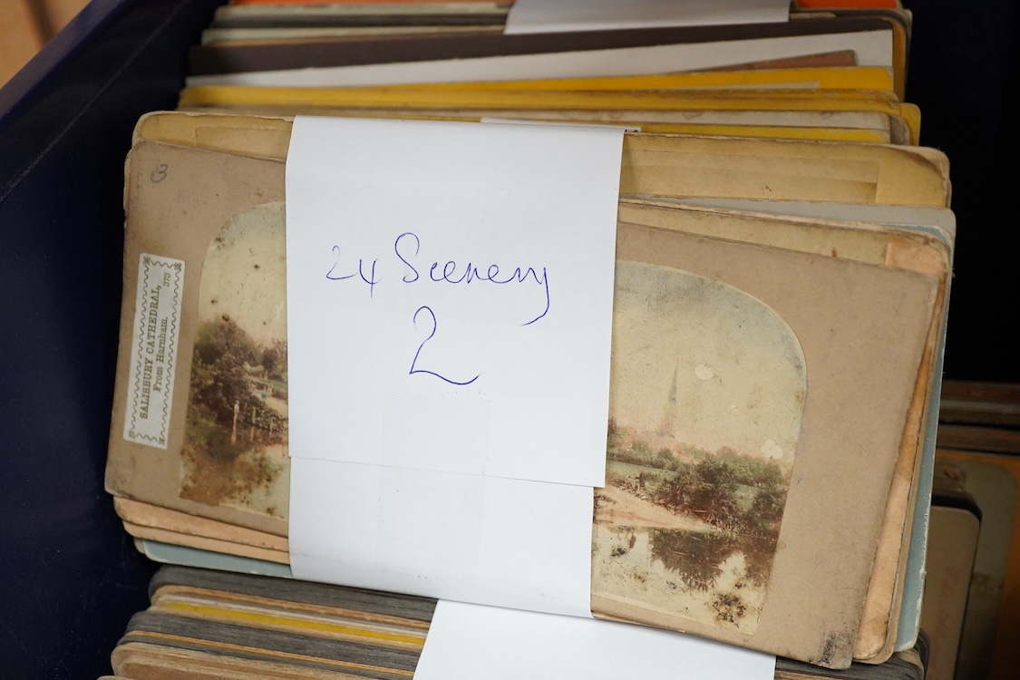 A collection of over 300 late 19th and early 20th century stereoscopic cards, including a fitted mahogany case containing 30 glass examples, the themes include; scenic views, sculptures and statues, buildings, Windsor, p